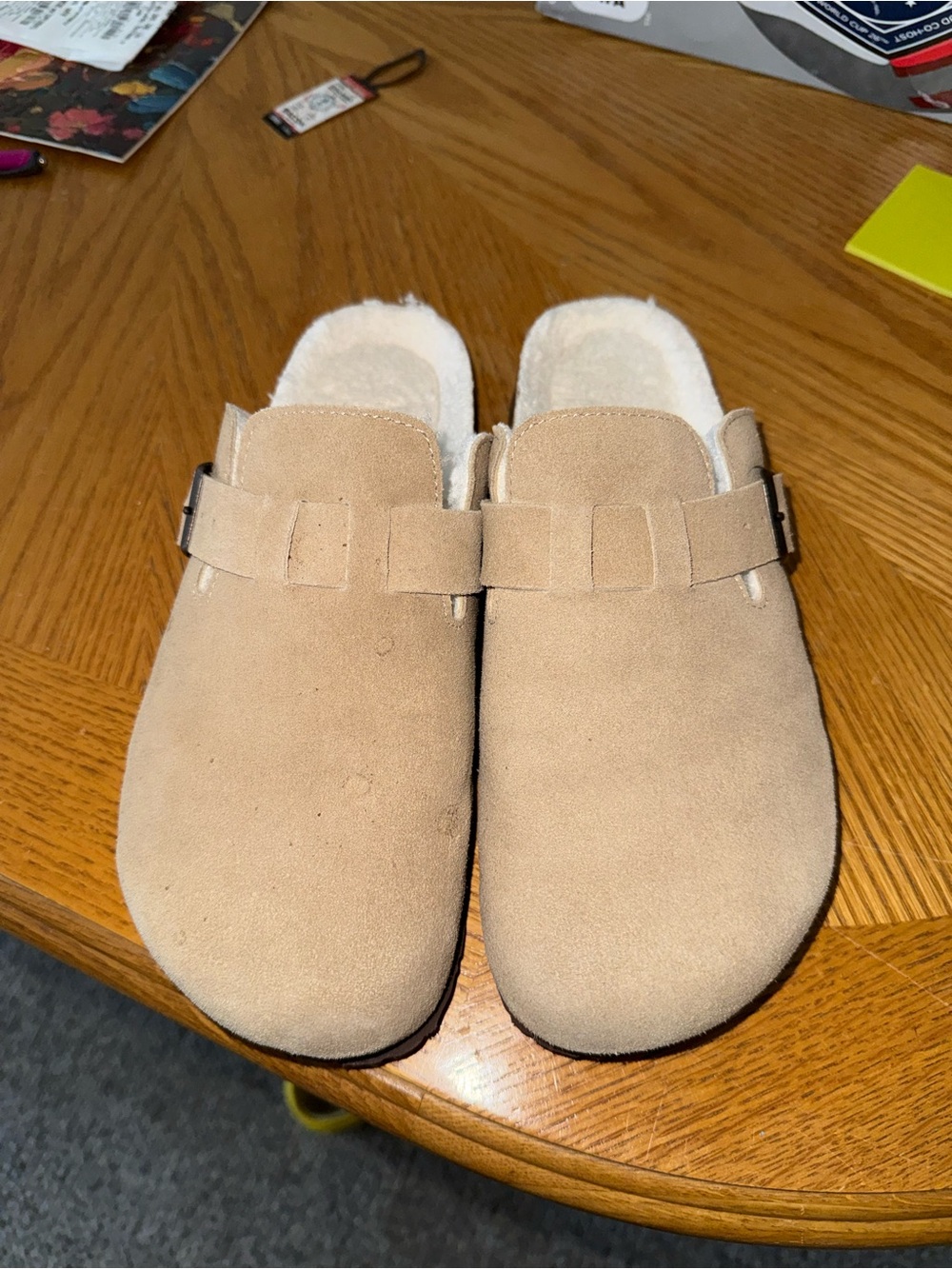 Suede Slip-On Slippers in Light Tan